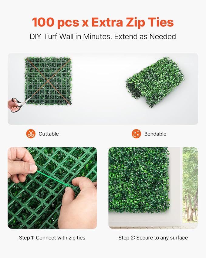 VEVOR Artificial Boxwood Panel, Green, 20x20 in, 24pcs | 1.6 in Sun Protected Boxwood Hedge Wall Panels, for Privacy Fence Decor Indoor Outdoor Garden Backyard