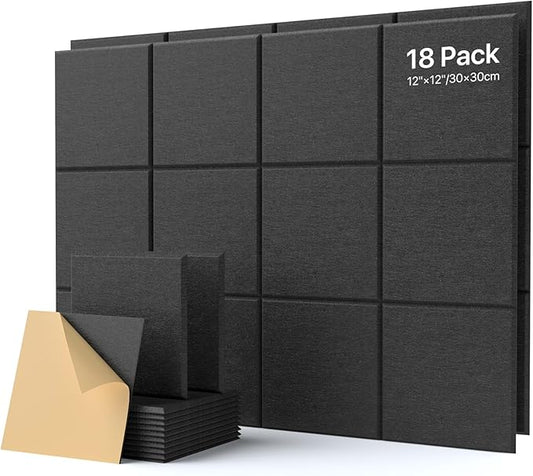 18 Pack Soundproof Wall Panels Self-Adhesive, Square Sound Proof Foam Panels for Wall, High Density Acoustic Panels, Acoustic Foam Panels for Home Office, Recording Studio 12" X 12" X 0.4" Black