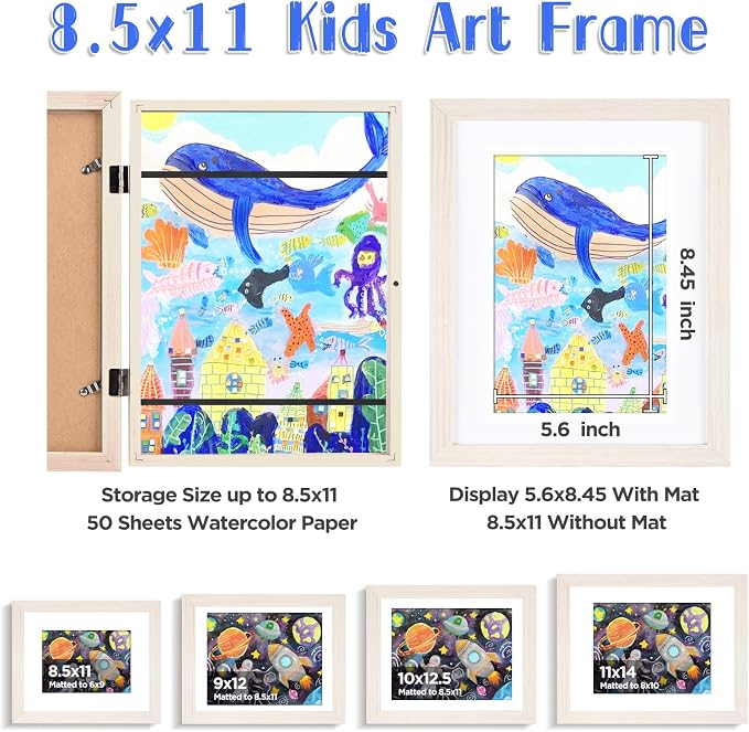 KINLINK 8.5x11 Kids Art Frame 2 Pack, Solid Wood Artwork Frames Changeable, Front Opening Hold 150 Pictures, Art Frames for Kids Artwork, 6x9 with Mat 8.5x11 without Mat, Picture Frames White Wood