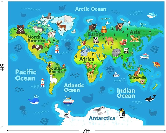 Kids Playroom Rug, 5x7ft World Map Rugs with Cute Animals, Washable Durable Soft Carpet Kid Educational Rugs for Boys Girls Bedroom Nursery Classroom