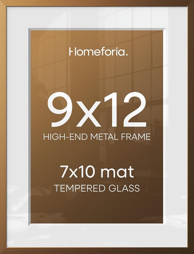 Homeforia 9x12 Frame Bronze, High End Metal 9 x 12 Brass Picture Frames with Mat 7 by 10 inch Photo, 9by12 Poster Frame Matted to 7x10, 12x9 Wall or Tabletop Frames, Tempered Glass, Wall Kit, Set of 3