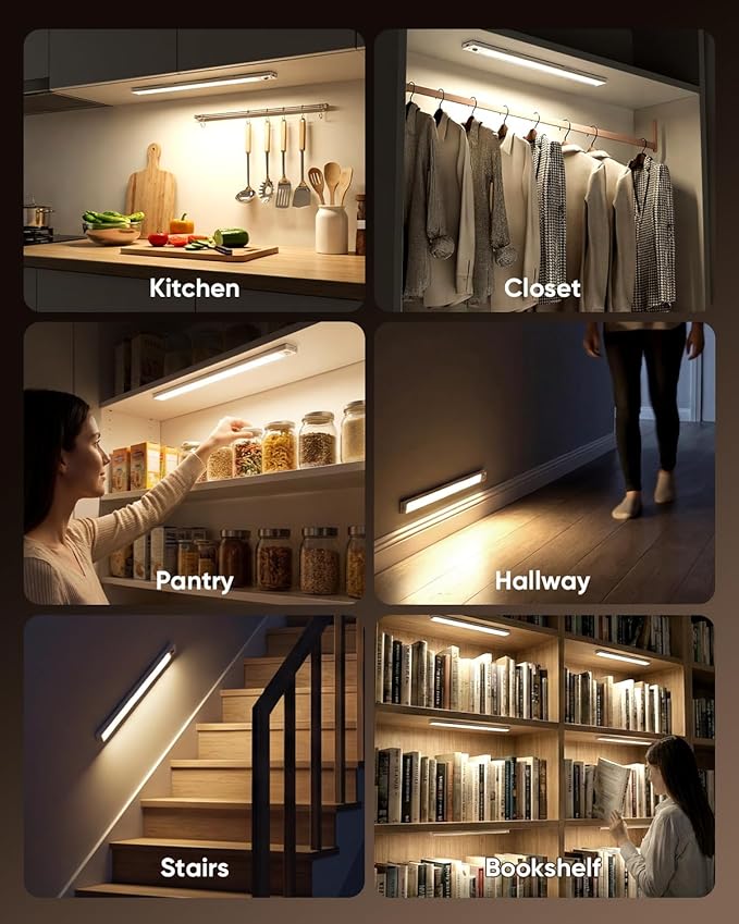 16inch Under Cabinet Lighting Wireless, 216LED Motion Sensor Light Indoor, USB Rechargeable Closet Lights, 3 Color Temps & Dimmable, Stick On Under Counter Lights for Kitchen, Pantry, Stairs, 3 Pack