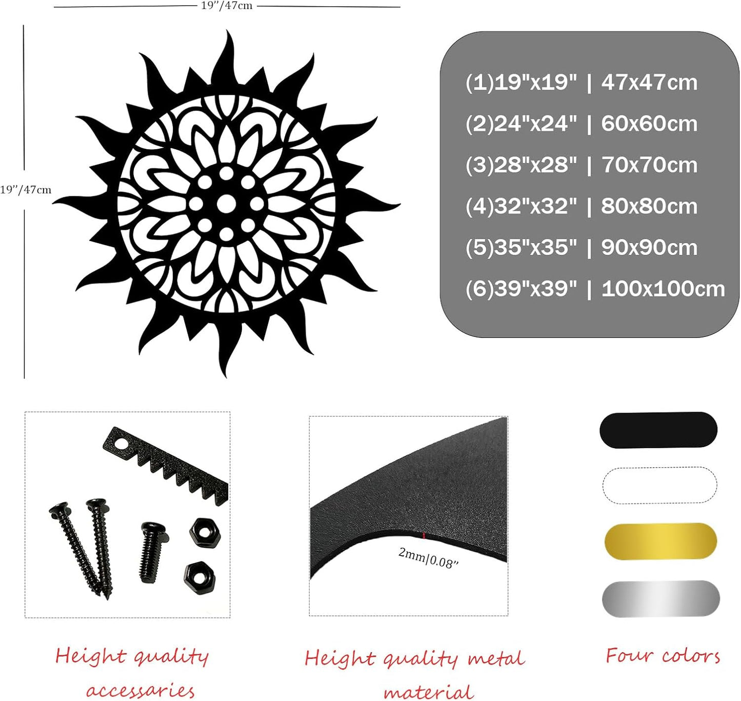 Sunburst Metal Wall Decor, Unique Sun Flower Design, Outdoor & Indoor Wall Art for Living Room, Bedroom, or Patio, Home Decor (Black, 19"x19"|47x47cm)