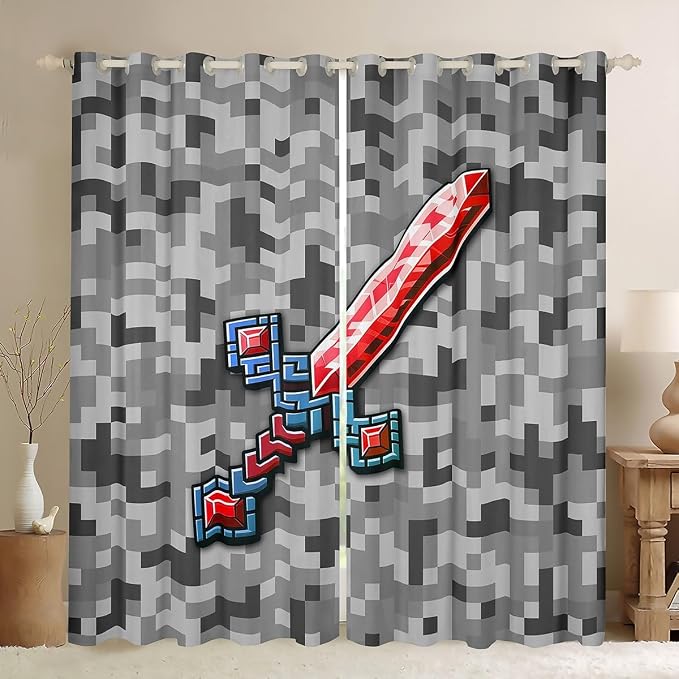 Castle Fairy Red Blue Sword Window Curtains,Geometric Grey Grid Privacy Blackout Curtain for Window Miner Theme Shade Windows Covering for Bedroom Pixel Video Games Drapes 2 Panels,52Wx96L