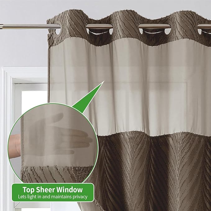 eachope no Hook Shower Curtain and Liner Set，Boho Style with See Through Top Window, Brown Fabric Tufted Striped Textured Outer Curtain & Waterproof Inner Liner, Brown, 71Wx86H