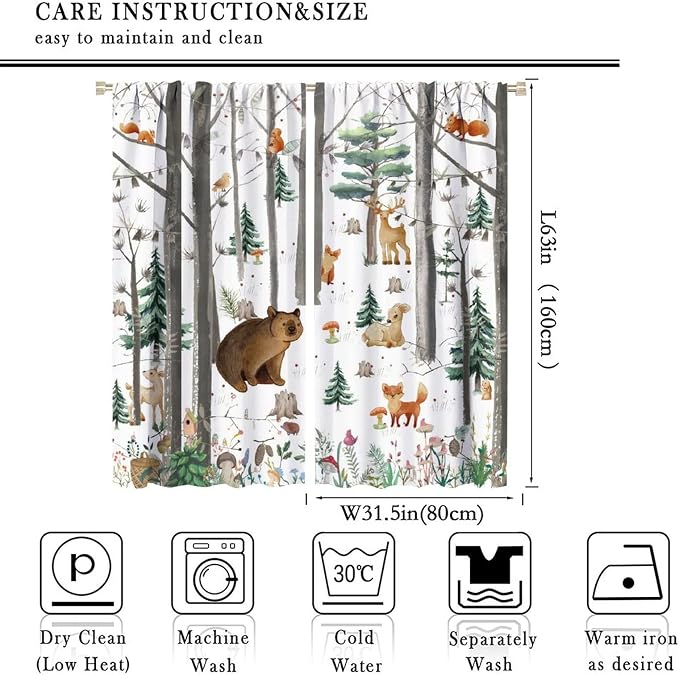 YCness Kid Forest Woodland Animal Fox Elk Bear Watercolor Print Curtains for Nursery Bedroom Living Room, Rustic Wild Animal Window Drapes 2 Panel Set, 63x63 Inch, Style-9