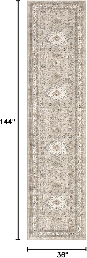 Vintage Hallway Runner Rug 3x12: Large Soft Washable Entryway for Kitchen Laundry Room Non-Slip Backing Runner for Entrance Living Room Bedroom Bathroom - Beige