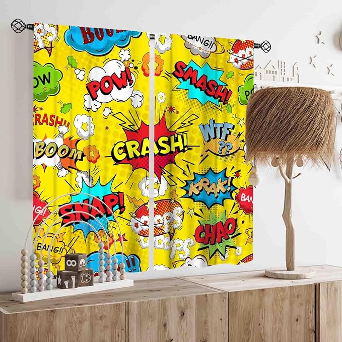 Super Hero Curtains for Boys Room, Retro Comic Pattern Colorful Superhero Cool Yellow Blackout Window Drapes Treatments for Kids Teens Baby Nusery Bedroom Living Room Decor 2 Panel Sets, 42"x45" Inch