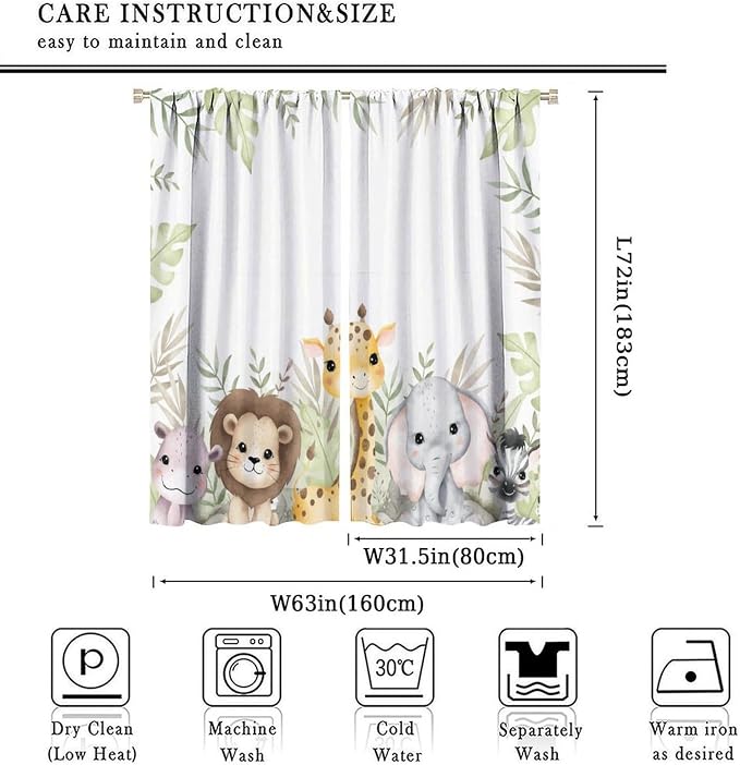 Nursery Curtains Jungle Safari Theme with Giraffe Print, Kids Room Classroom Decor, 63x72 Inches, 75% Blackout Fabric for Baby Nursery, Animal Cub Design, Easy Install & Machine Washable