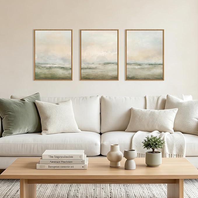 Abstract Beige Green Landscape Framed Canvas Wall Art Set, Watercolor Natural Tan Wall Decor, Minimalist Neutral Modern Scenery Artwork for Living Room, Bedroom,Farmhouse- 12"x16"x3