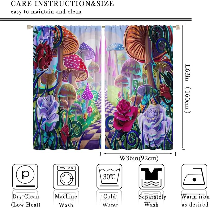 Fantasy Mushroom Curtains,Fairytale Forest Plant Castle Print Window Treatments for Bedroom Living Room Kitchen Colorful Cartoon Floral Window Drapes 2 Panels Set,Total Size72 x 63 Inch