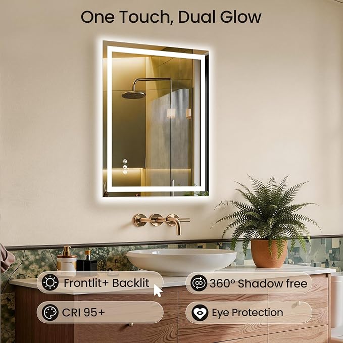 32X36 LED Bathroom Mirror with Lights, Anti-Fog, Backlit + Front Lit (CRI>90), Lighted Bathroom Vanity Mirror for Wall, Memory Function, Dimmable, Tempered Glass, Shatter-Proof