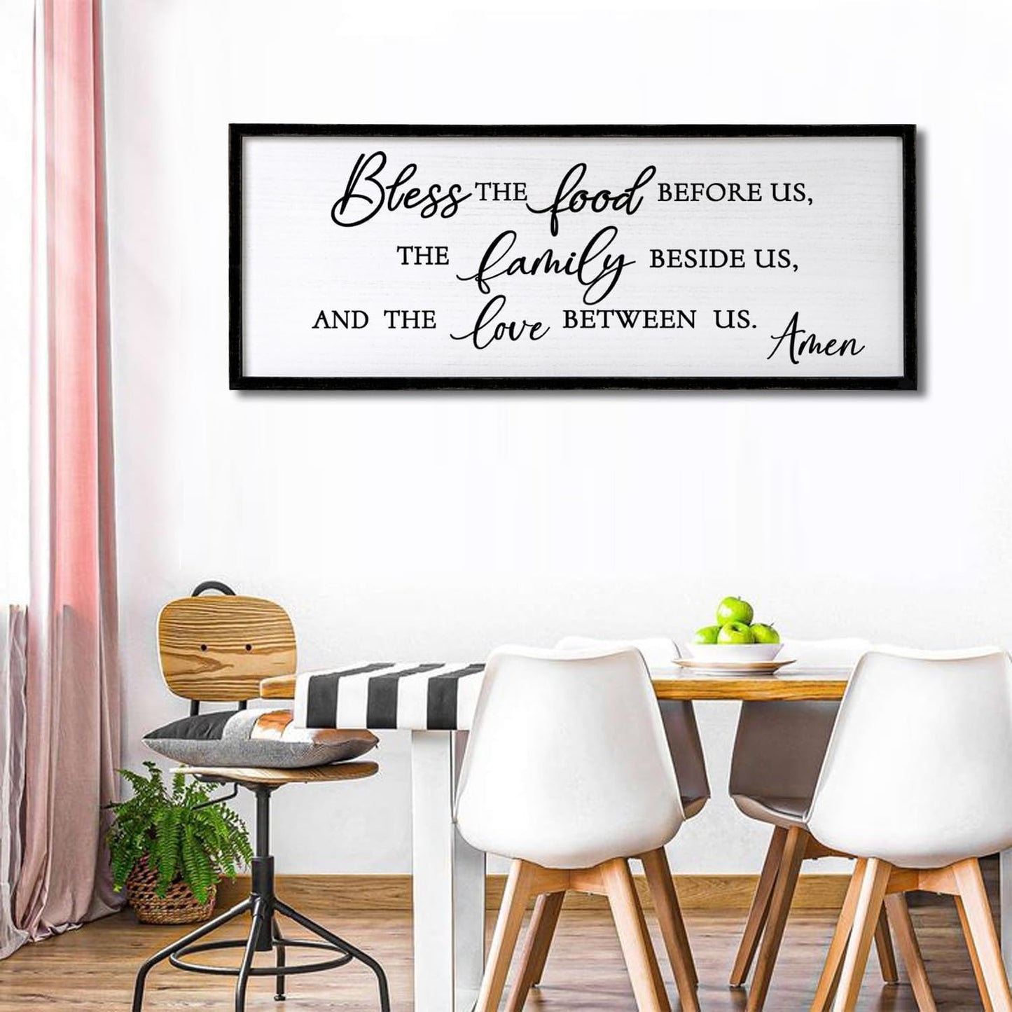Bless the Food Before Us, the Family Beside Us, and the Love between us Framed Wall Art for Christian God Jesus Christ Prayer, 40''×15'' Positive Holy Religious Rustic Bible Verse for Dining Room
