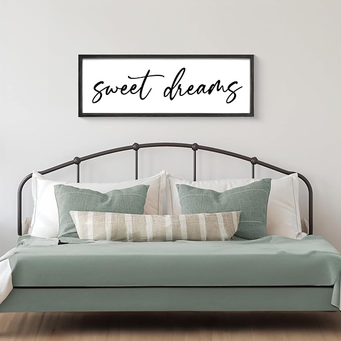 Sweet Dreams Wall Decor Above Bed 42''×15'' Large Bedroom Sign Farmhouse Bedroom Wall Sign Wood Framed Guest Room Decor Master Bedroom Wall Decoration (Black)