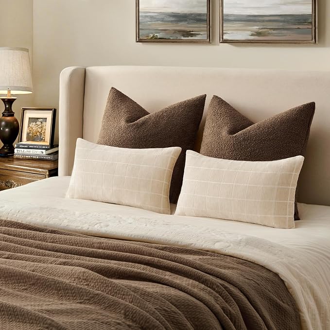 MIULEE Beige Plaid Decorative Throw Pillow Covers 12x20 Set of 2 | Vintage Check Chenille Couch Pillows Neutral Boho Farmhouse Cushion Covers Modern Home Decor for Sofa Bed Living Room