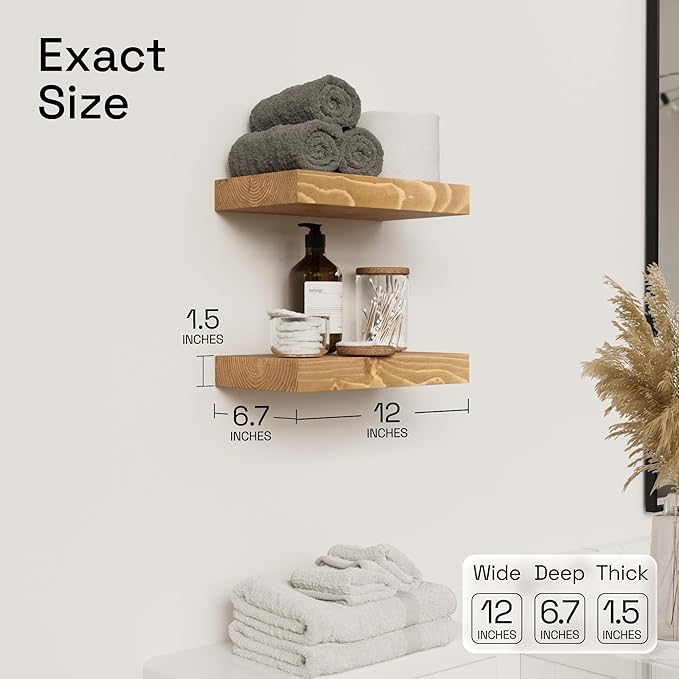 Natural Wood Floating Shelves for Wall 12 Inch Oak, Small Wooden Shelf | Solid Wood, Bathroom Shelves for Room Wall Mounted, Kitchen Bedroom Living Room, Rustic, Oak Finish, 12W × 6.7D, Set of 2