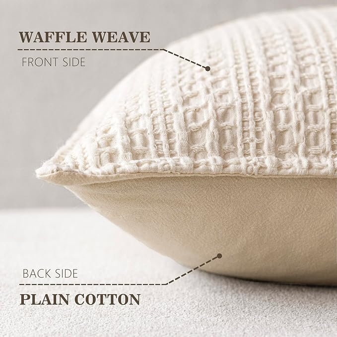 Foindtower Set of 2 Decorative Cotton Waffle Weave Throw Pillow Covers Euro Shams Cushion Covers Accent European Pillowcase for Bed Couch Sofa Bedroom Living Room Home Decor 22×22 Inch Natural Beige