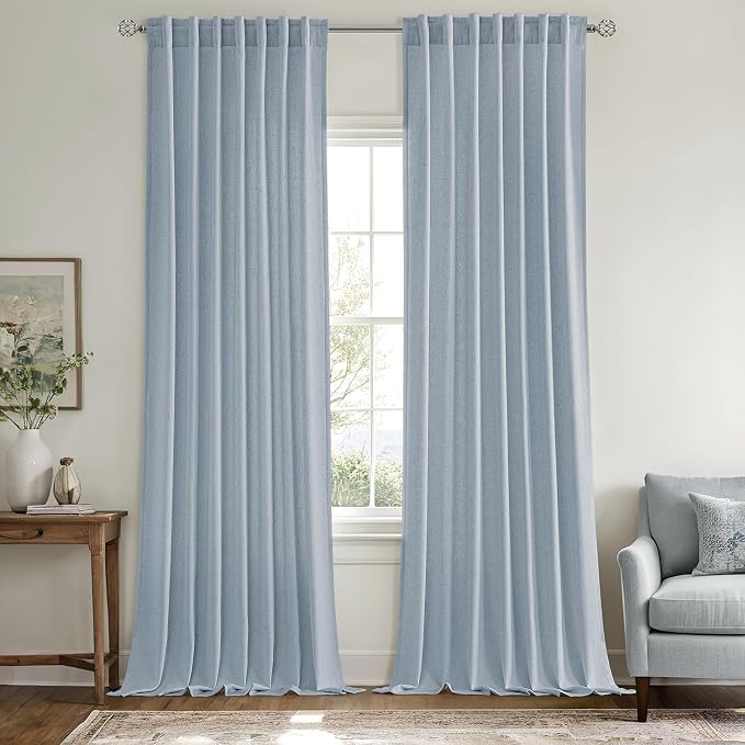 MIULEE Non-See-Through Privacy Linen Curtains 2 Panels, Chambray Blue Light Filtering Window Curtains Farn House Textured Back Tab Semi Sheer Drapes for Bedroom Living Room 108 Inches Long Light Blue
