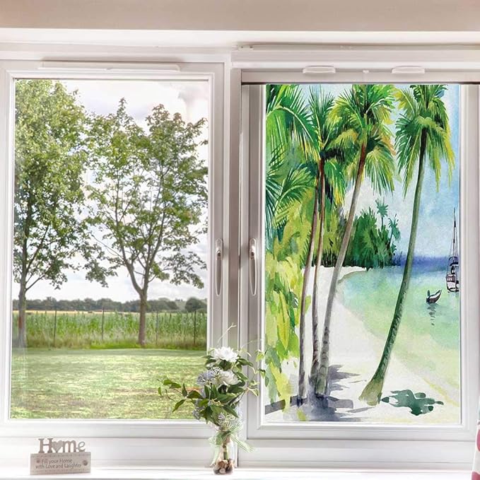 Tropical Frosted Window Film Stickers, Beach Boat Shore Summer Coast Watercolor Landscape, UV Blocking Privacy Window Clings for Home, Azure Blue 60x60cm/23.6x23.6in
