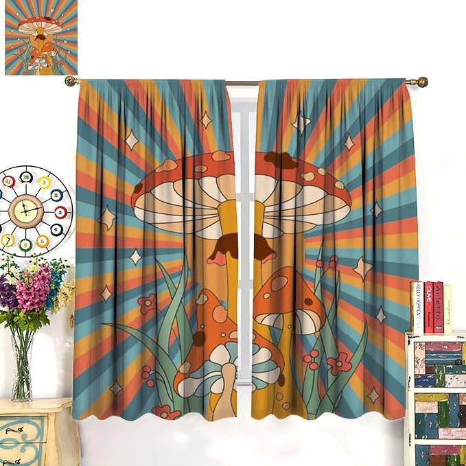 Boho Mushroom Curtains, 1970s Retro Sunset Rainbow Boho Herbs Flowers Blue Yellow Abstract Geometric Print Blackout Window Drapes for Kids Bedroom Living Room 42x45 Inch