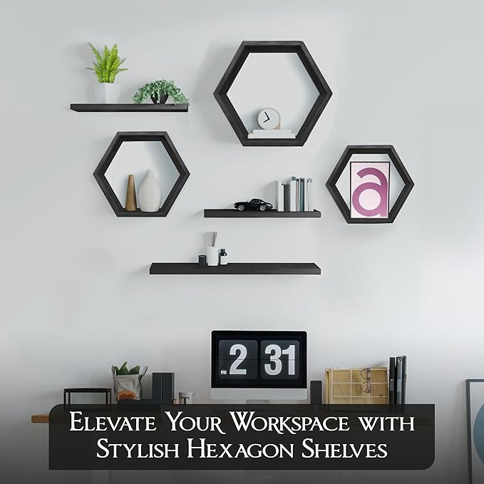 Hexagon Floating Shelves Set of 6 Honeycomb Shelves for Wall, Wooden Hexagon Shelves for Farmhouse Storage (Carbonized Black)
