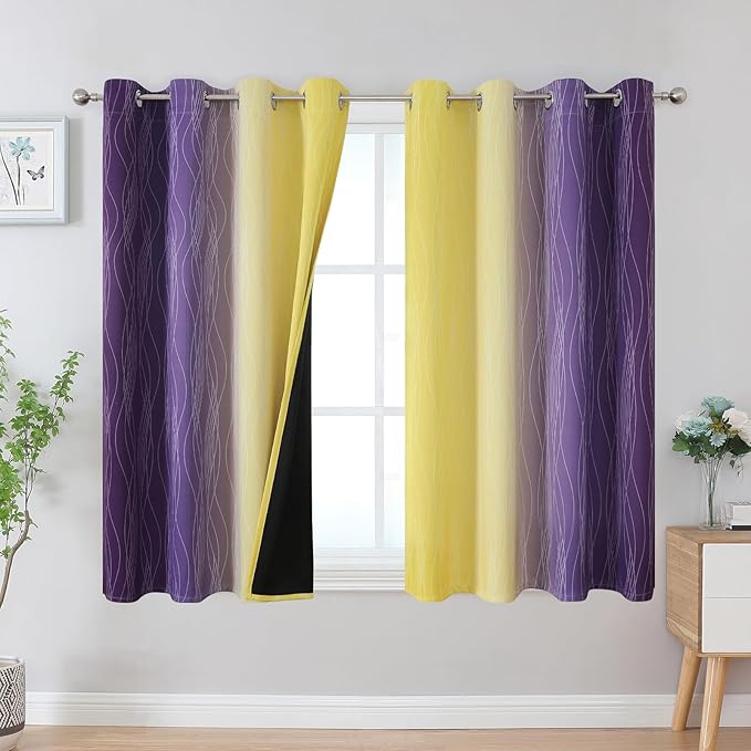 Estelar Textiler Yellow and Purple Ombre Blackout Curtains 45 Inch Length 2 Panels, Full Room Darkening Gradient Drapes for Bedroom, Thermal Insulated Grommet Short Curtains for Bathroom,52Wx45L