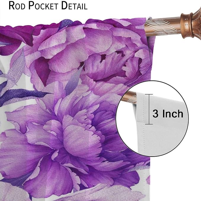 Floral Blackout Window Curtain Purple Blooming Flowers Style Print for Home Kitchen Restaurant Decoration Drapes 2 Panels 63x63in