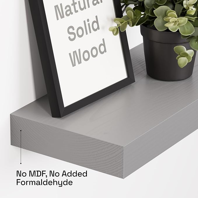 Solid Wood Floating Shelves for Wall 16 Inch Grey, Wooden Bathroom Shelf | Natural Wood, For Room Wall, Bedroom Kitchen Living Room, Rustic, Gray Finish, 16W × 6.7D, Set of 2