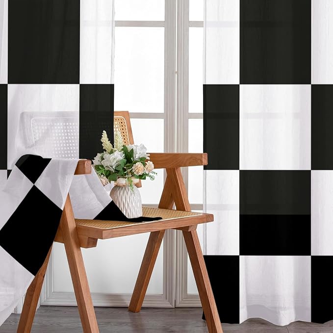 Black and White Checkered Curtains for Living Room Light Filtering Retro Plaid Curtains 63 Inch Length 2 Panels Set White Modern Geometry Drapes for Bedroom Curtains