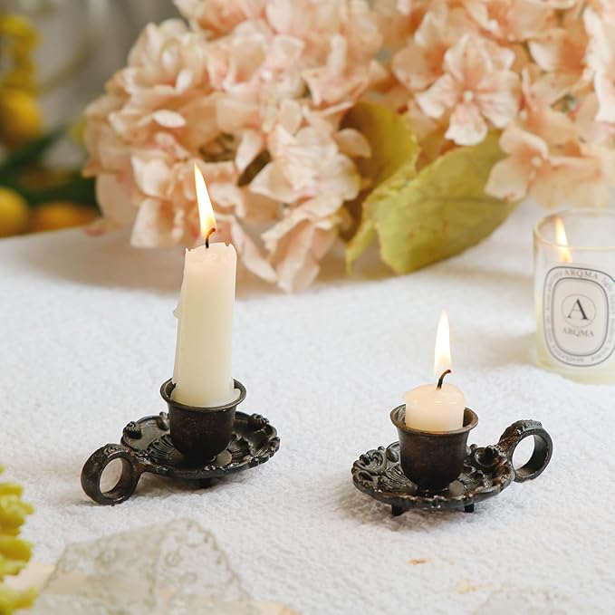 NIKKY HOME Vintage Small Brown Taper Candle Holders Set of 2, Handle Design | Old Fashioned Rustic Metal Candlestick Stand for Table Centerpieces, Dinners, Wedding, Mantel, Housewarming Gift
