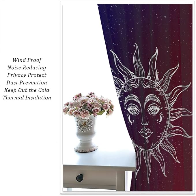 Sun Moon Blackout Windows Curtains, Burning Sun Moon Red Blue Cosmic Galaxy Bohemian Curtains, for Living Room Bedroom 55x63in 2 Panels