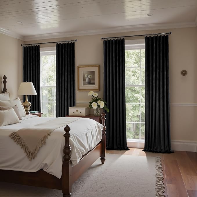 Black Velvet Curtains for Living Room 108 Inches Long 2 Panels Heat Noise Reducing Black Out Drapes for Sliding Door Movie Theater Man Cave Masculine Modern Victorian Vintage Bedroom Decor 9ft Length