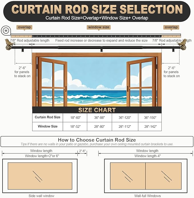 Black Curtain Rods for Windows 48 to 84 Inch, Vintage Decorative Curtain Rod with Gold Bird Finials, 1'' Adjustable Heavy Duty Drapery Rod Set for Bedroom Living Room Kitchen,36-88''