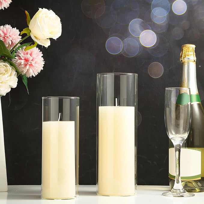 Shihanee Set of 6 Pillar Candles with Glass Cylinder Vases Clear Cylinder Hurricane Candleholders for Slim Tall Pillar Candles Wedding Table Centerpieces(3.4'' X 7", 9.8", 11.8",Ivory)