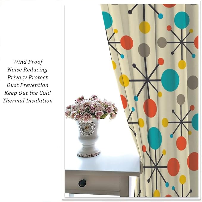 JESTRONRY Mid Century Curtains,Mid Century Fifties Modern Retro Colors Pattern Blackout Rod Pocket Window Drapes for Living Room Bedroom Kitchen Bathroom Home Decor 42x54in