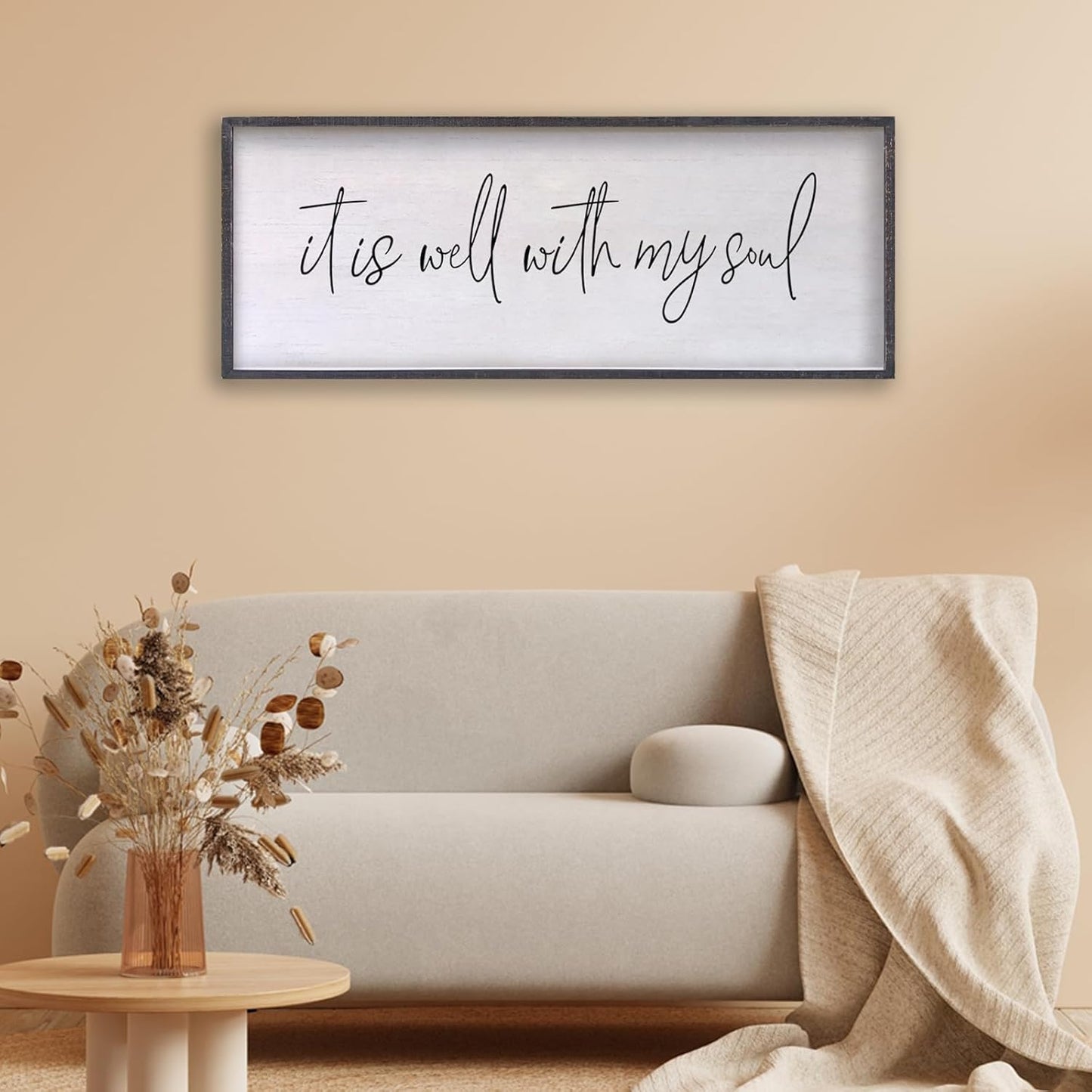 It Is Well With My Soul Wall Decor 32"x12" Bible Verse Christian Scripture Wood Framed Art Sign for Master Bedroom Living Room(Black)