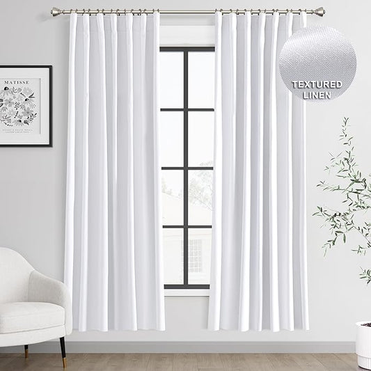 Joywell 100% Blackout Linen Curtains 72 Inches Long for Bedroom Black Out Curtain Back Tab Hook Belt Room Darkening Drapes for Dining Room Office Window 2 Panels Set,52 x 72,White