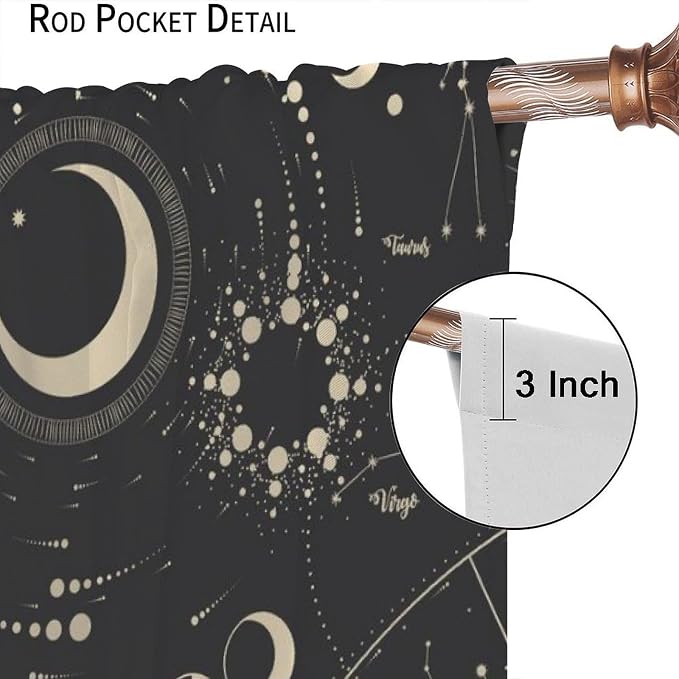 Golden Sun Moon Blackout Curtains, Starry Retro Bohemian Sun Moon Star Mysterious Universe Retro Window Drapes, for Bedroom Living Room 42" W X 45" L