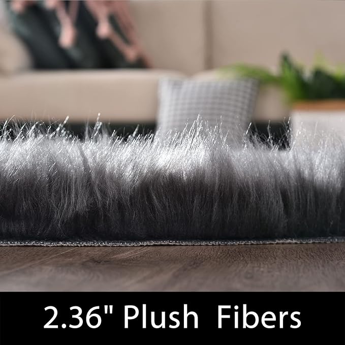 Latepis Dark Grey Runner Rugs 2x6 Faux Sheepskin Fur Rug Bedside Super Soft Fluffy Rugs for Bedroom and Living Room Fuzzy Shaggy Rug Luxury Home Decor