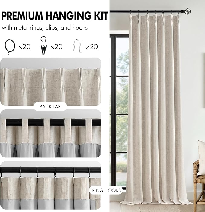 MIULEE Beige Pinch Pleated 100% Blackout Linen Curtains 90 Inch Length 2 Panels Set, Black Out Memory Trained Pleat Curtains Light Blocking Room Darkening Drapes for Bedroom Living Room Window