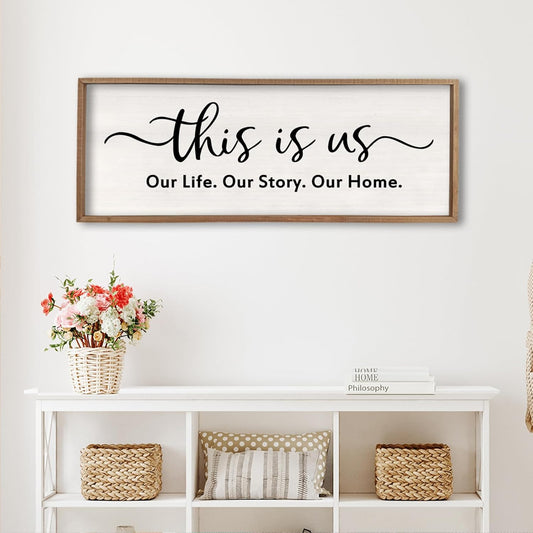 This is us Wall Decor Sign 32'' x 12'' Large Master Bedroom Home Life Story Wood Framed Vintage Family Sign Rustic Plaque Living Room Minimalist Farmhouse Hanging Wall Art (Wood)