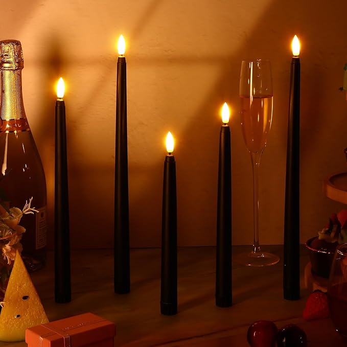 Rossesay 64 Pcs Wedding Flameless LED Taper Candles Battery Operated Candles 4 Sizes of 8.5'', 9.65'', 10.83'', 12.8'' Candlesticks Flickering for Halloween Christmas Church Wedding(Black)
