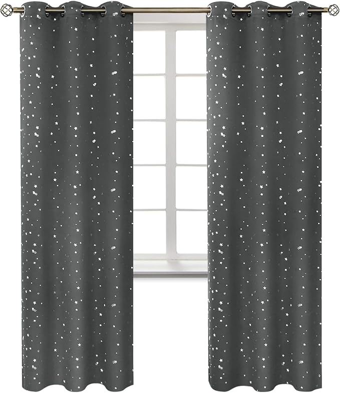 BGment Kids Blackout Curtains for Bedroom - Grommet Thermal Insulated Silver Star Print Room Darkening Curtains for Living Room, Set of 2 Panels (42 x 84 Inch, Dark Grey)