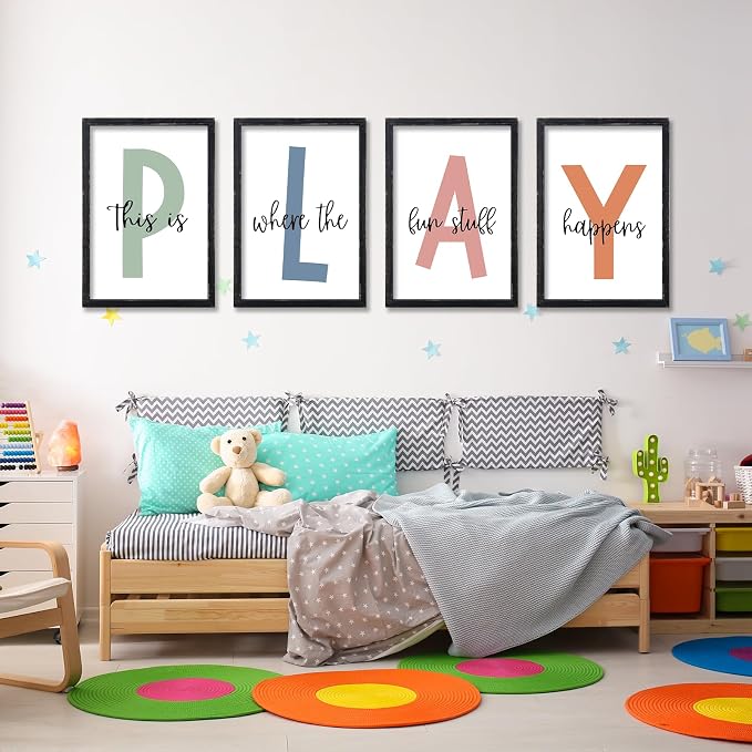 Playroom Wall Art Decor This Is Where The Fun Stuff Happens Sign Colorful Letters Decor 4 Piece 16"×11" for Toddler Modren Nursery Children Prints Small Wood Framed Wall Hanging (Black)