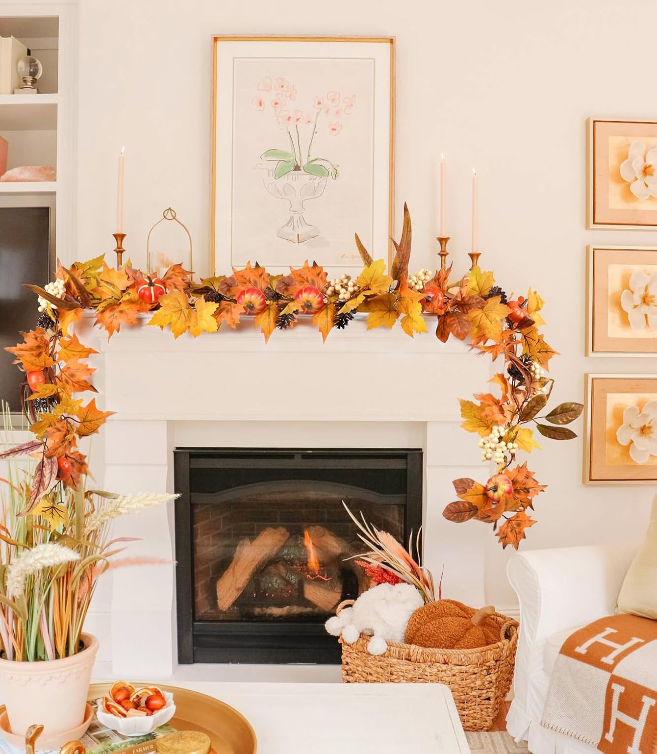Lvydec Fall Maple Leaves Garland Decoration -6ft Artificial Fall Foliage Garland with White Pumpkins Pine Cone Autumn Decor for Halloween Thanksgiving Home Table Decor