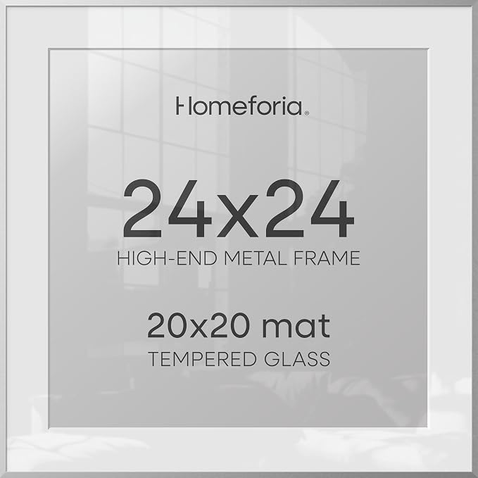 Homeforia 24x24 Silver Picture Frame, High End Metal 24 x 24 Large Square Silver Frames with Mat 20 by 20 inch Photo, 24by24 Thin Poster Frame Matted to 20x20 Print, Tempered Glass, Wall Kit, Set of 1