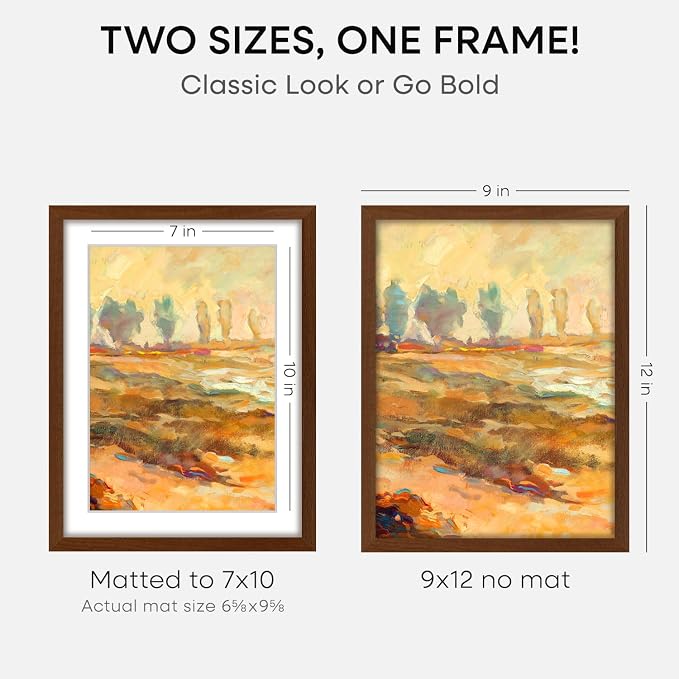 Homeforia 9x12 Picture Frame Brown, High End Dark Oak 9 x 12 Walnut Wooden Frames with Mat 7 by 10 Photo, 12x9 Wood Frame Matted to 7x10 Art, Wall or Tabletop Frame, Tempered Glass, Wall Kit, Set of 3