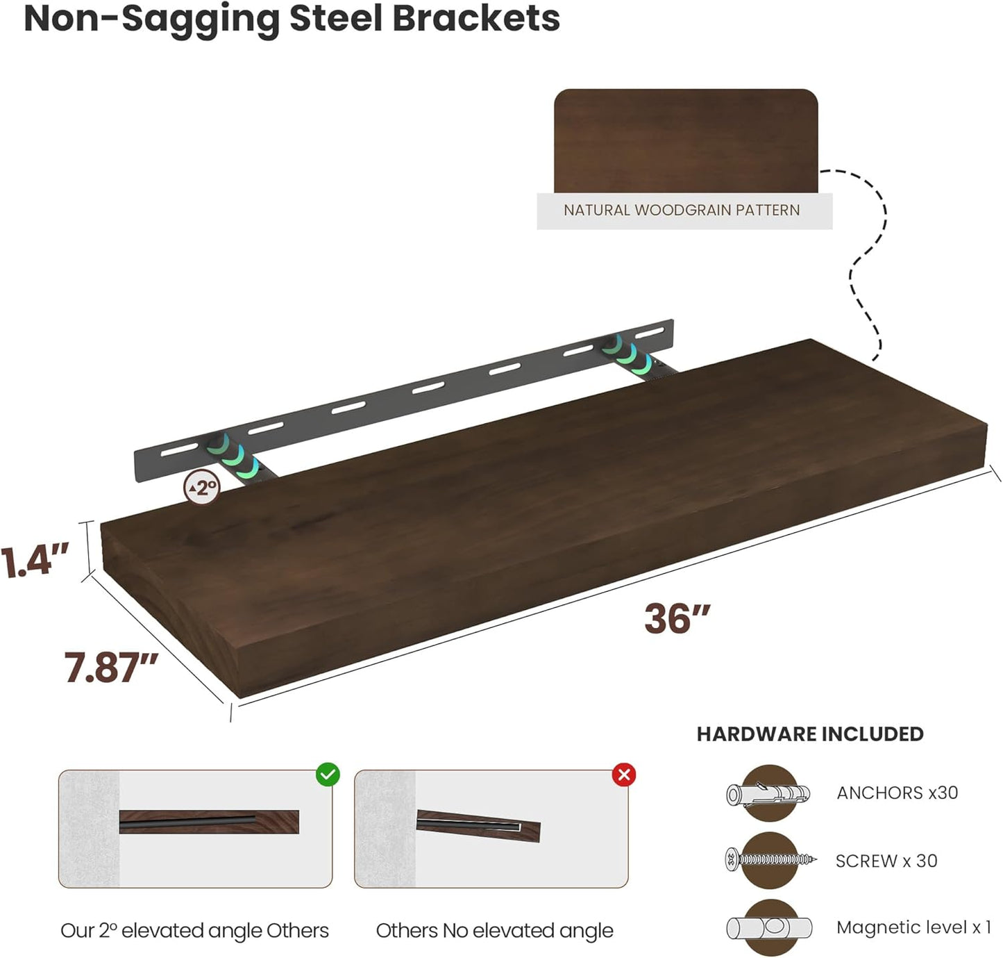 Wood Floating Shelves for Wall 36” x 8”x 1.4” Shelf Floating Rustic Farmhouse Decor, Heavy Duty Shelf Hold 80 lbs, Wall Shelves for Bathroom Living Room Kitchen Bedroom Office, 2 Packs Walnut