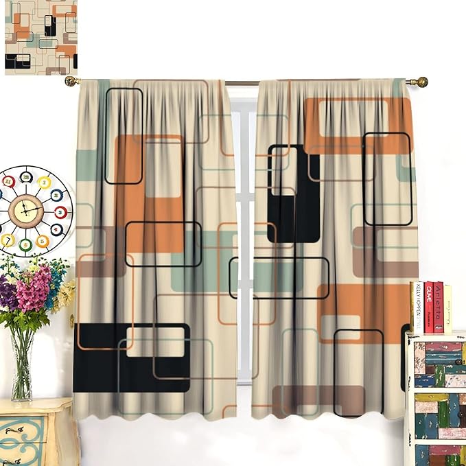 JESTRONRY Mid Century Blackout Curtains,Retro Square Design Modern Style Blackout Window Door Curtains for Bedroom Living Room Home Decor 42x54in
