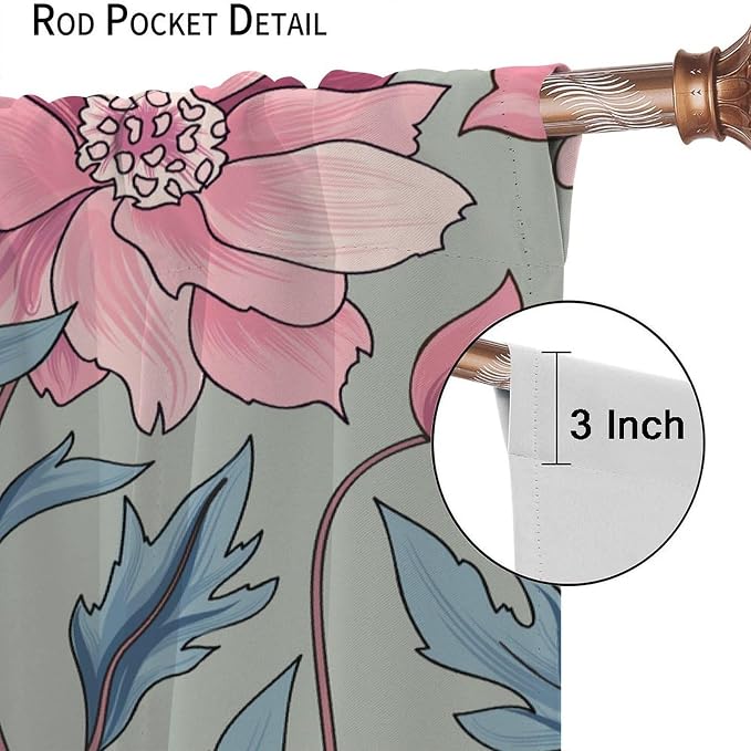 Floral Blackout Window Curtain, Flourish Ornamental Blossom Rose Style Print for Home Kitchen Livingroom Coffee Room Curtains Drapes 2 Panels 63x72in
